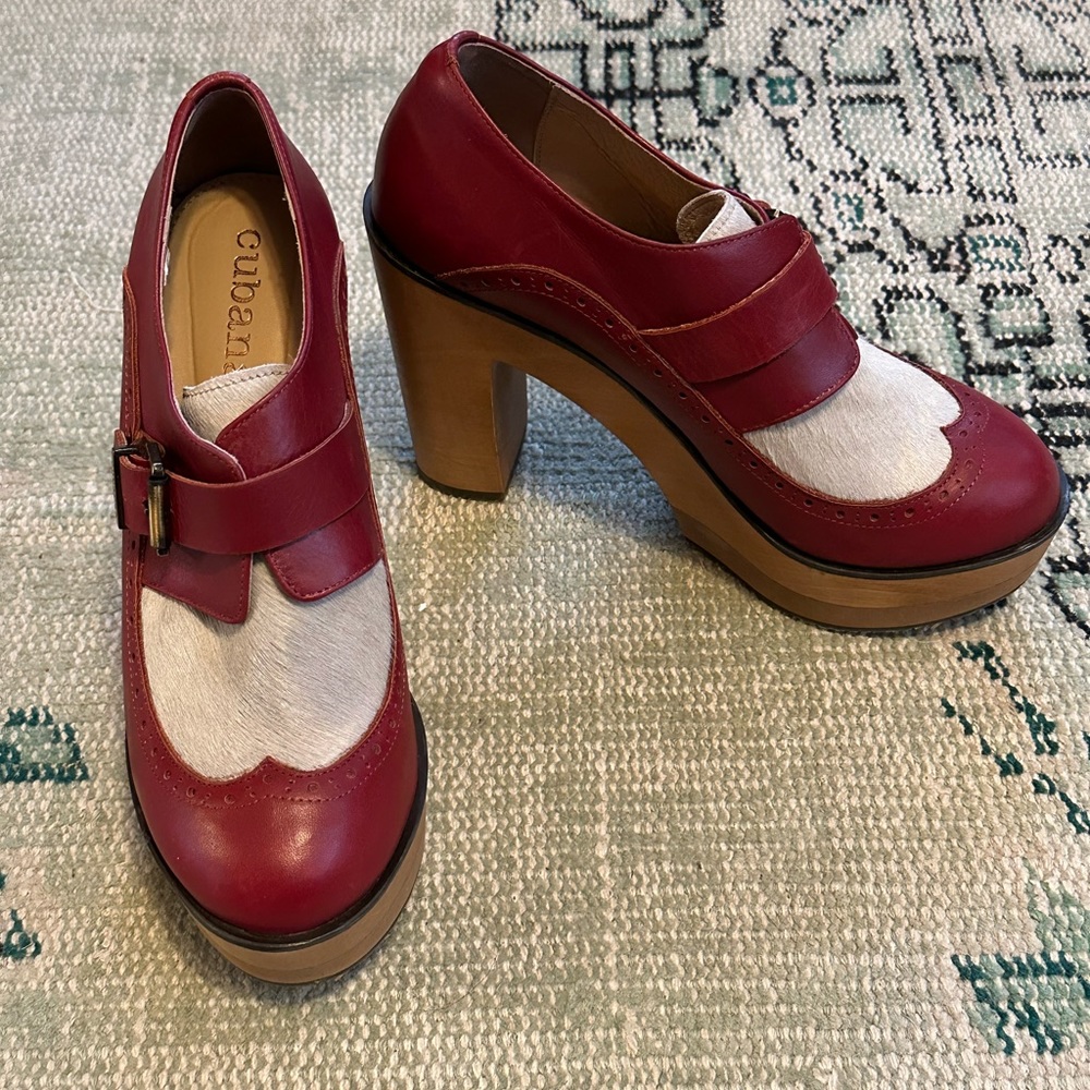 Anthropologie Cubanas Maroon Leather Cowhide Platform Heels